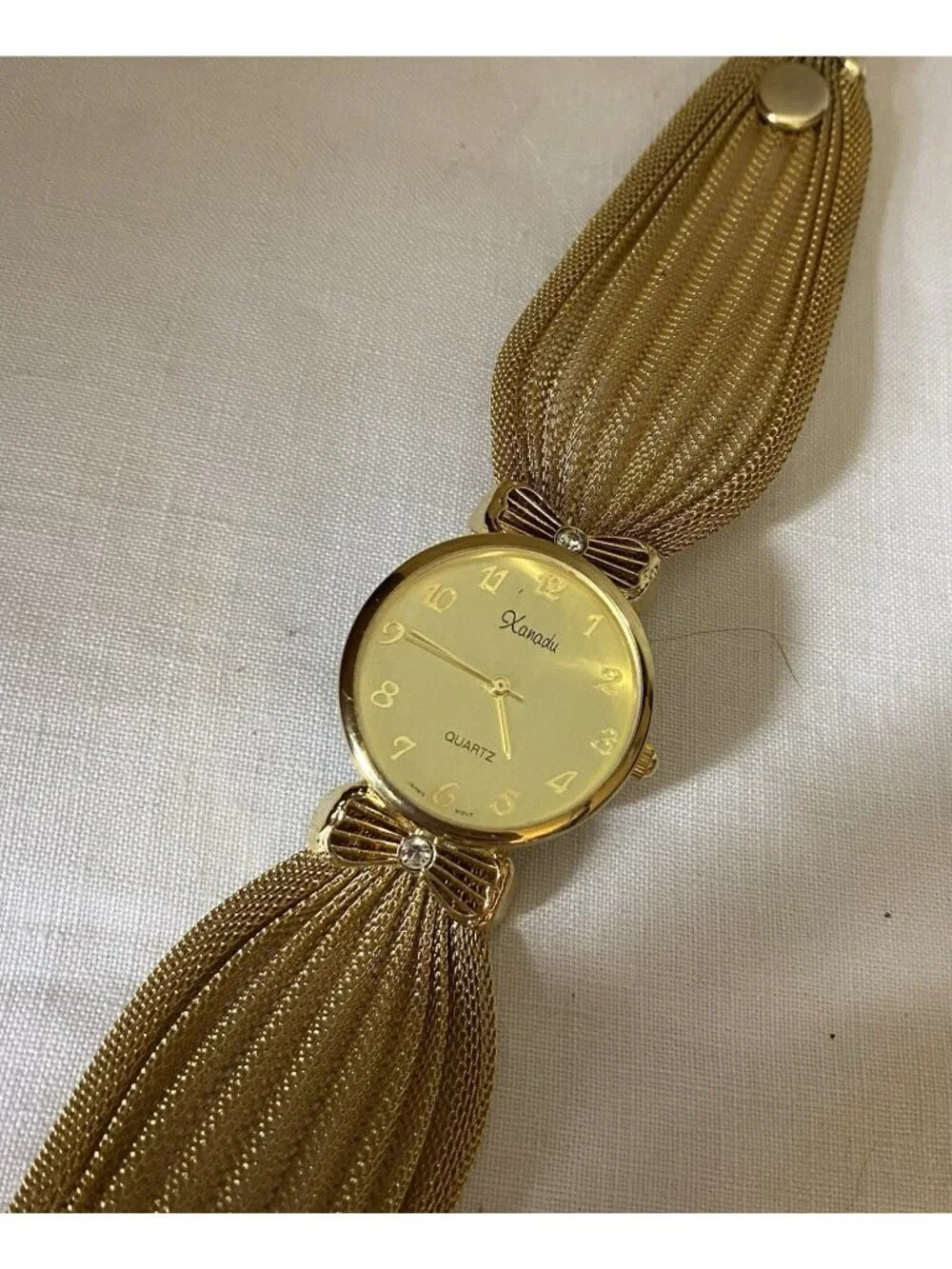 Vtg Women Xanadu Quartz Rhinestone Mesh Watch Gold Tone Snaps Needs Battery